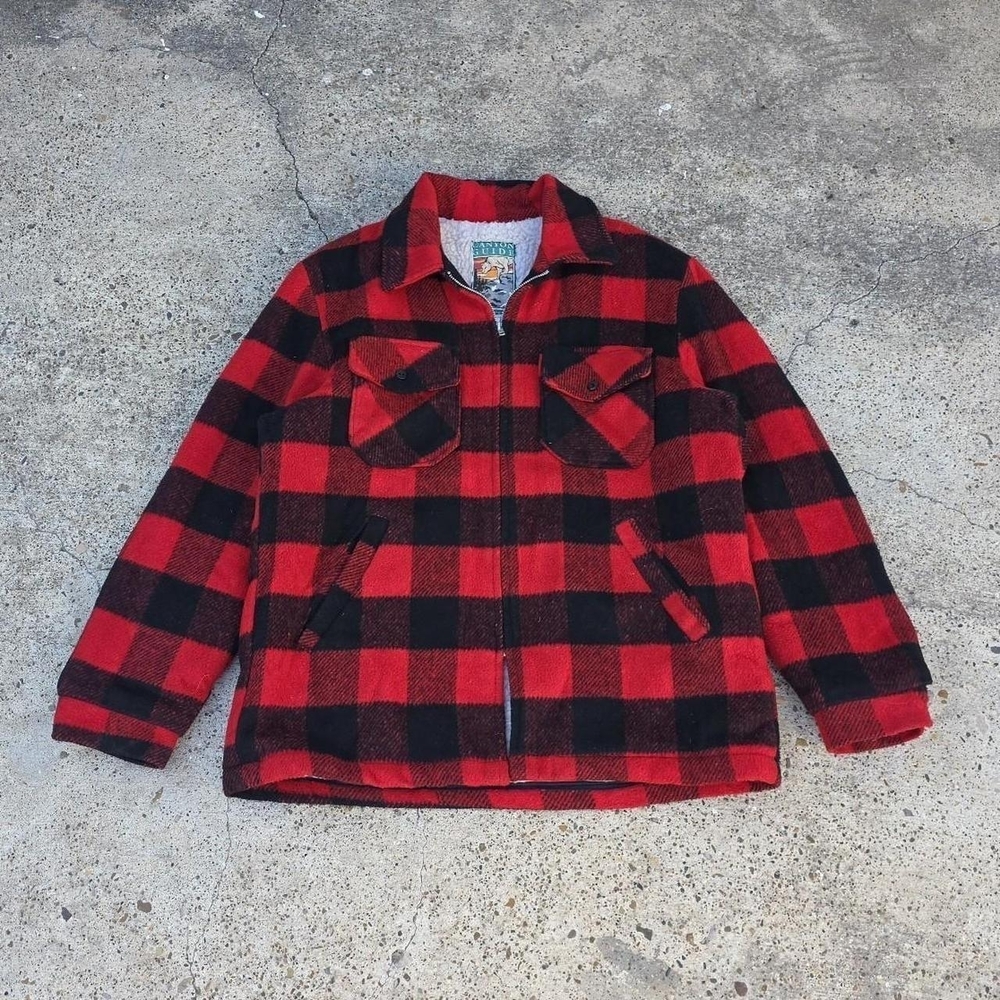 Canyon Guide Wool Blend Buffalo Check Sherpa Lined Jacket Size L Vintage USA Red